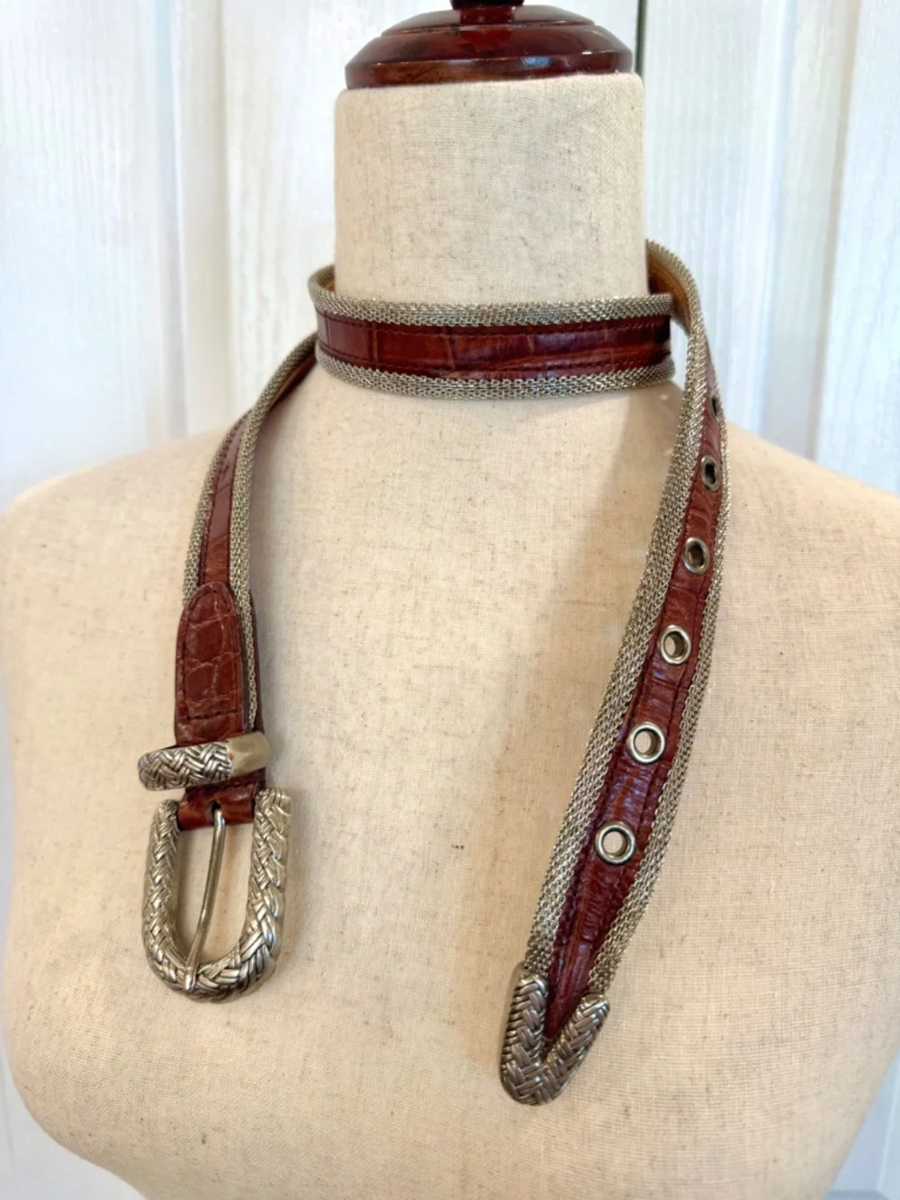 Vintage, Woman's Size Med *High End* Belt, Leather Mock-Croc & Sliver Mesh